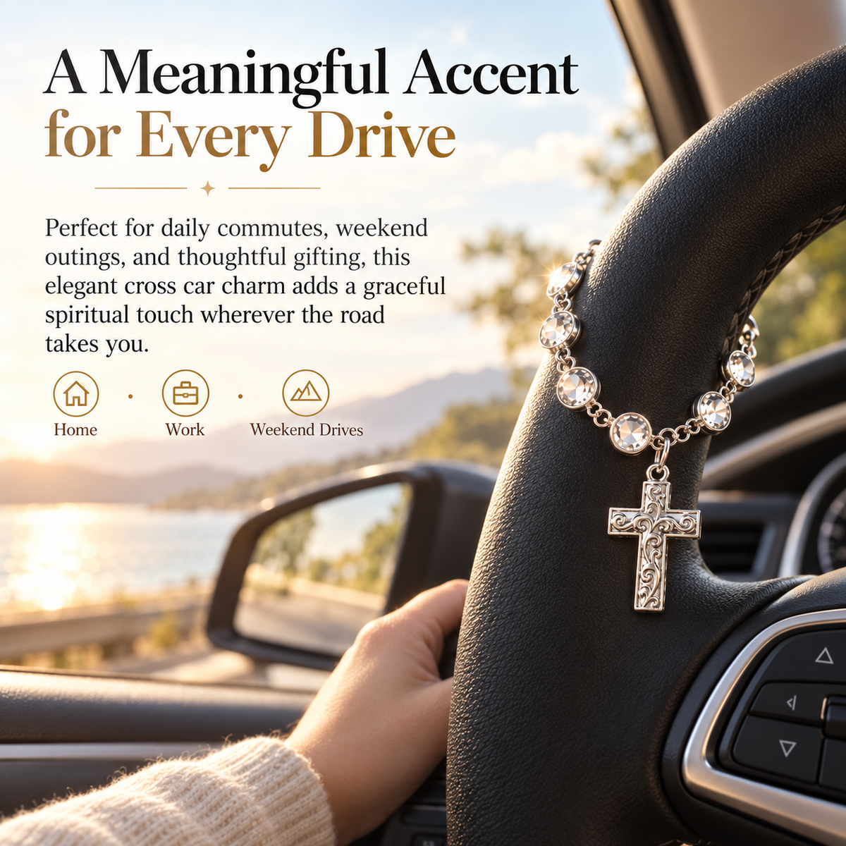 ✨ Faith Crystal Cross Charm – Silver Beaded Steering Wheel Ornament, Spiritual Blessing for Drivers & Auto Interior
