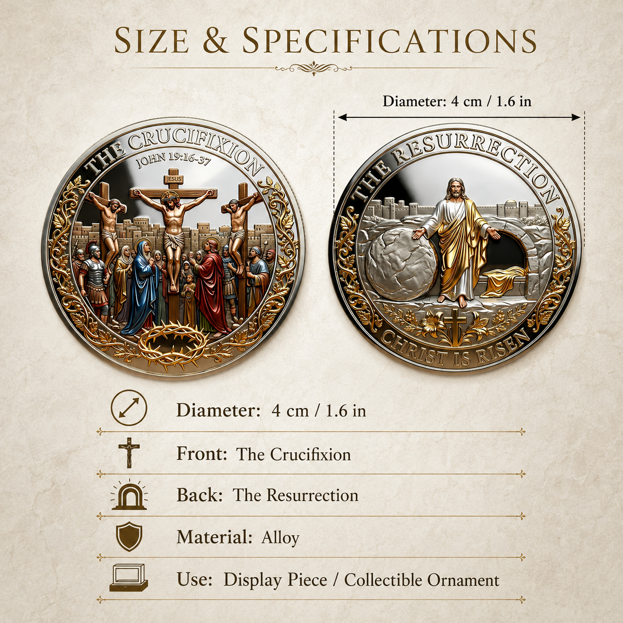 Cross & Resurrection Memorial Coin – Alloy Relief Keepsake for Faith and Remembrance