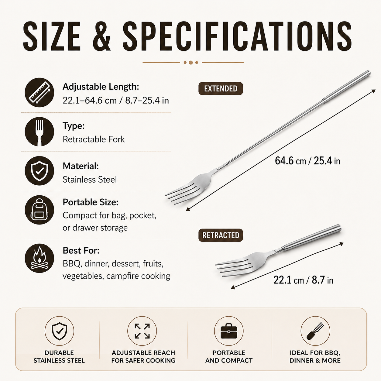 Extendable Long-Handle Fork for BBQ and Outdoor Cooking
