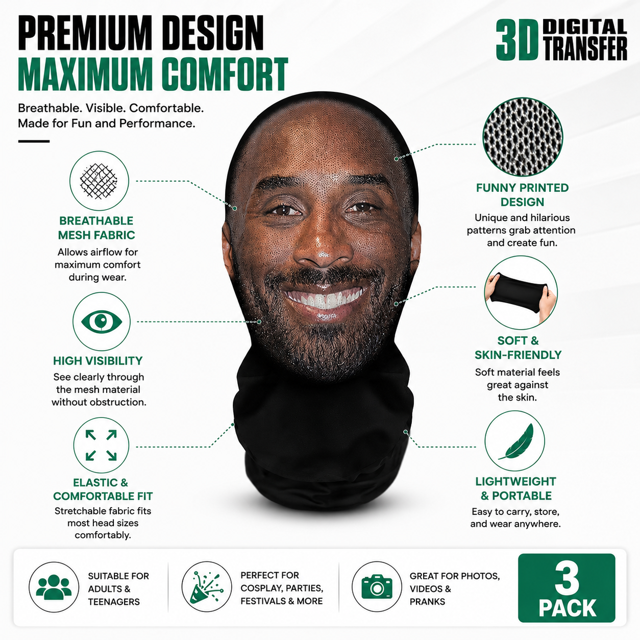 3Pcs Funny Printed Full Face Mesh Mask – Breathable Cosplay Hood for Parties & Street Style