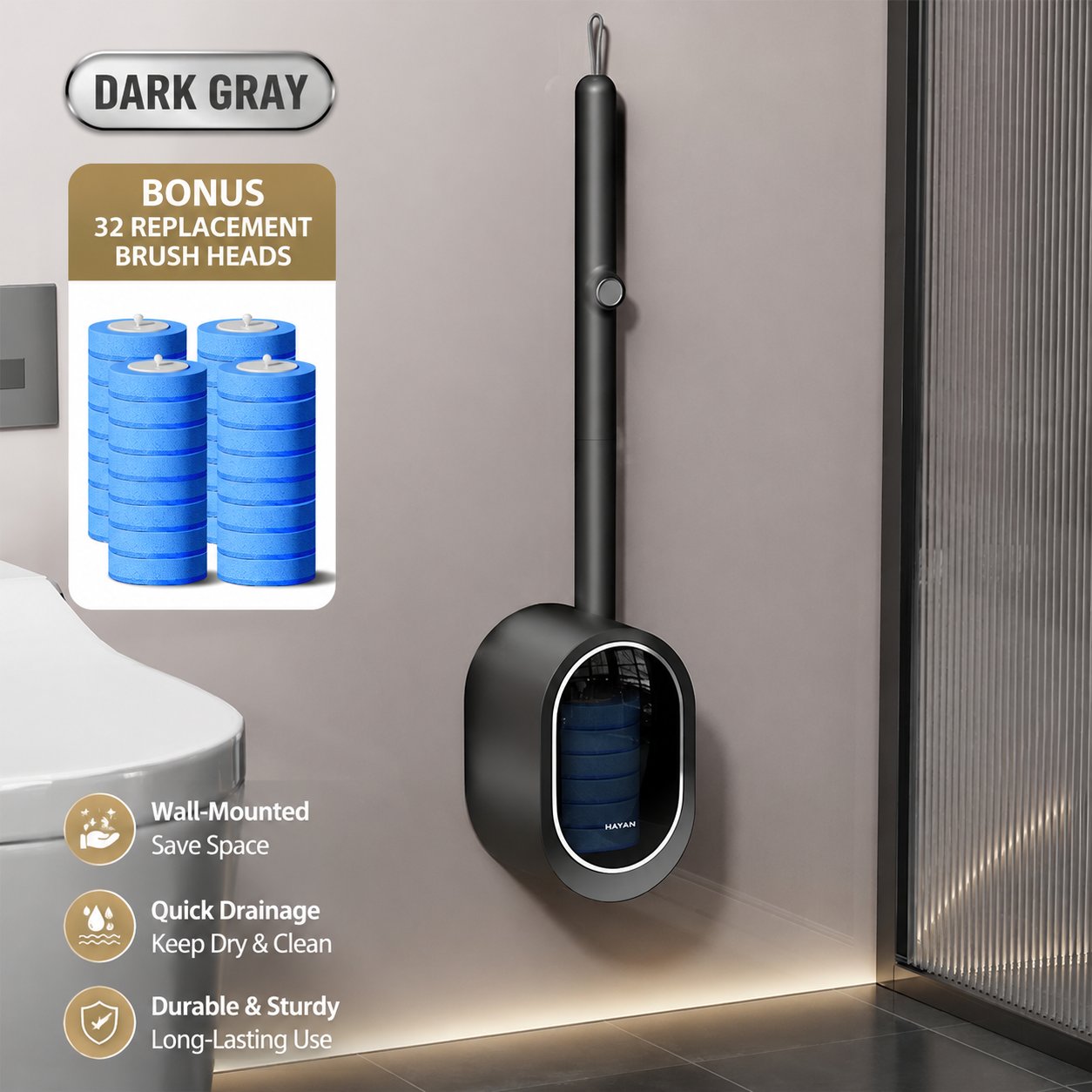 Disposable Toilet Brush Kit with 32 Refills – Wall-Mount Toilet Cleaning System