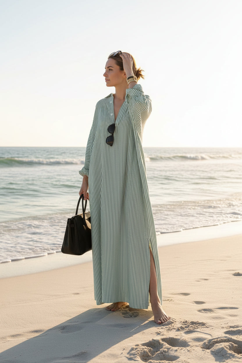 Women's Lightweight Maxi Dress with Pockets – Relaxed Fit Striped Caftan for Everyday Comfort