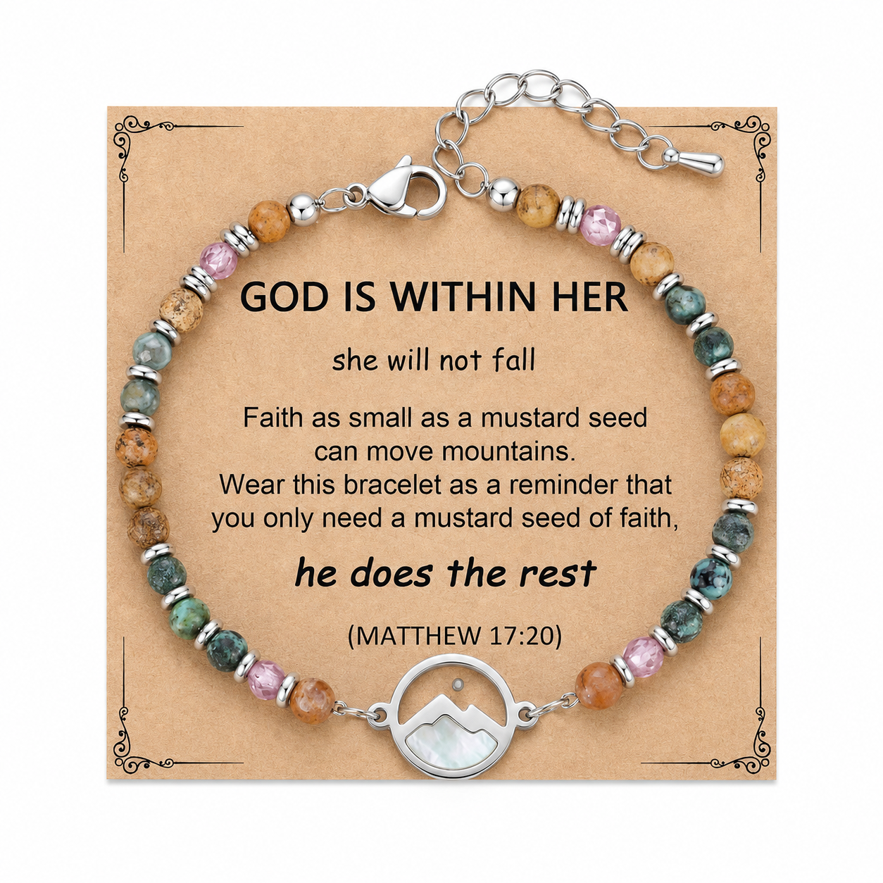 Women's Mustard Seed Gemstone Bracelet – Inspirational Mountain Charm, Adjustable Beaded Faith Bracelet