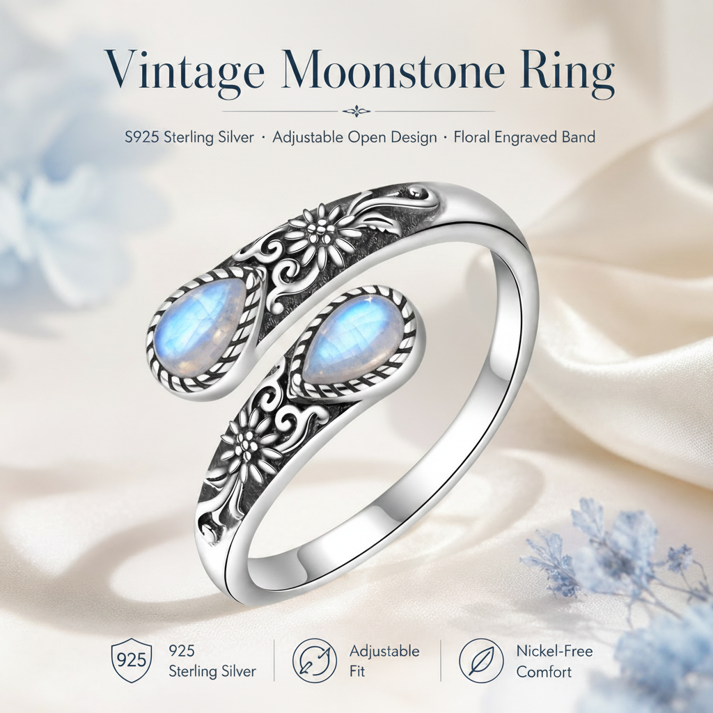 925 Steling Silver Moonstone Lotus Ring