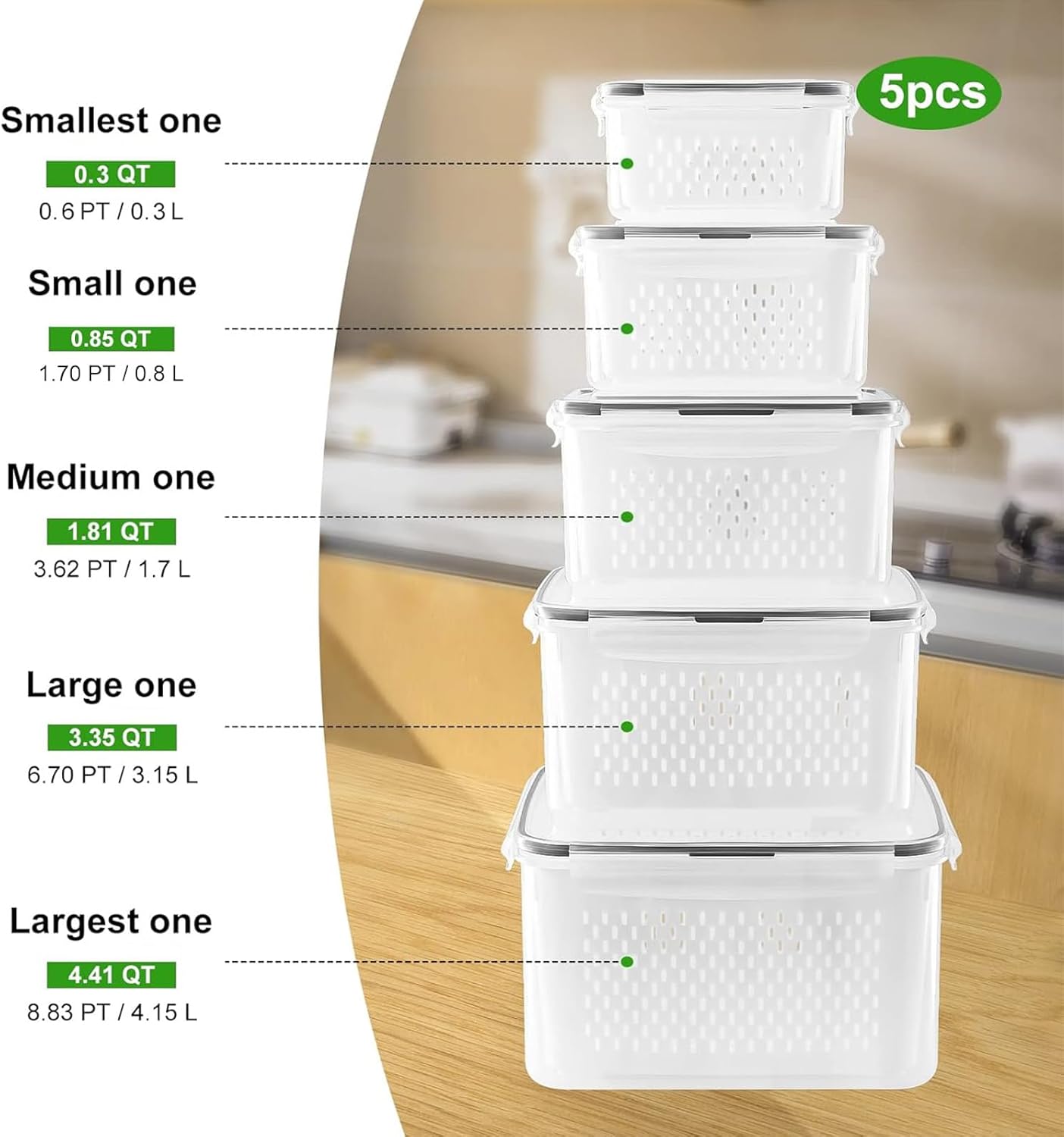 💥New Arrivals Now Selling Fast🔥5 Pack Fridge Organizers and Storage - Stackable Fruit Storage Containers for Fridge with Removable Colander