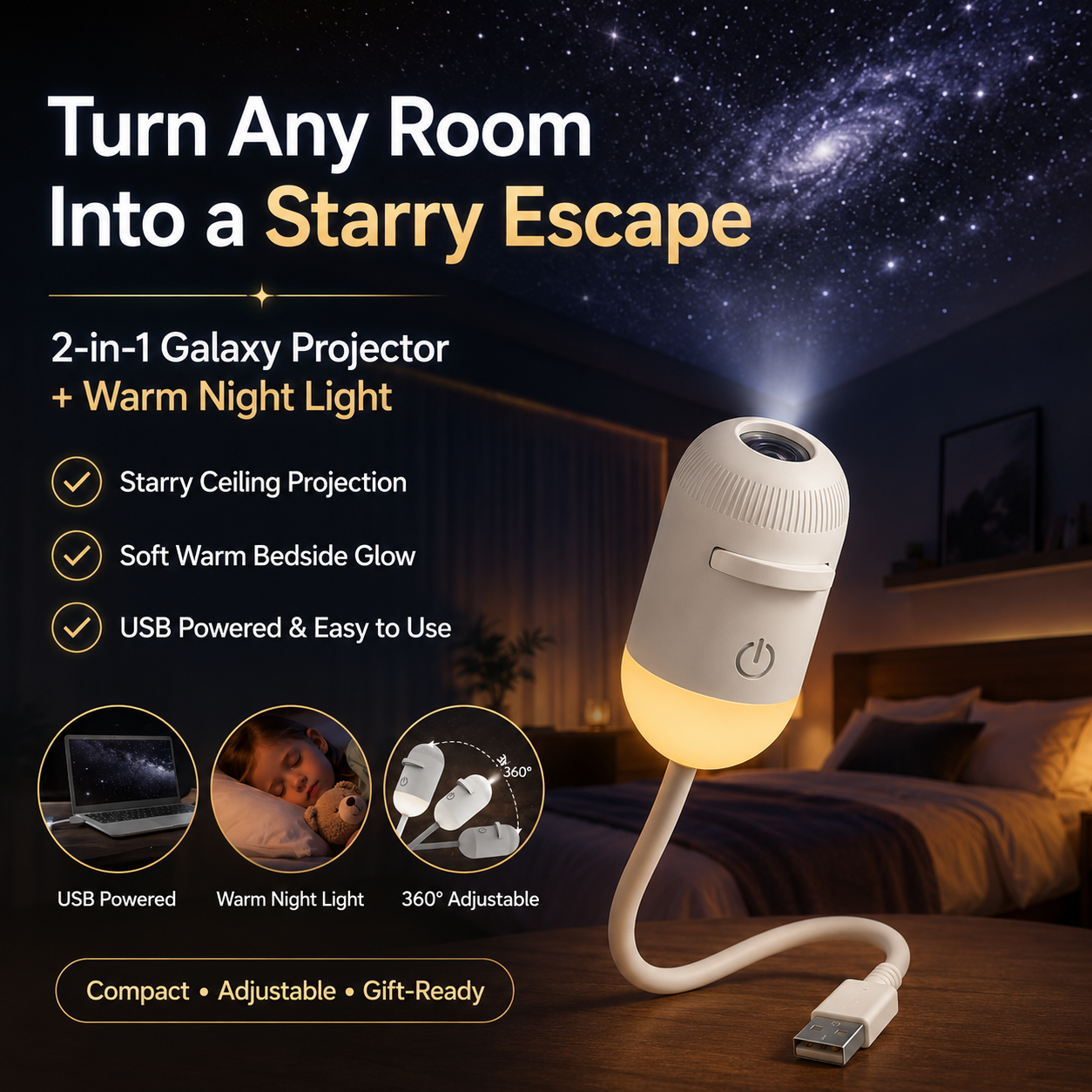 π2-in-1 Galaxy Projector & Warm Night Light β USB Starry Sky Lamp