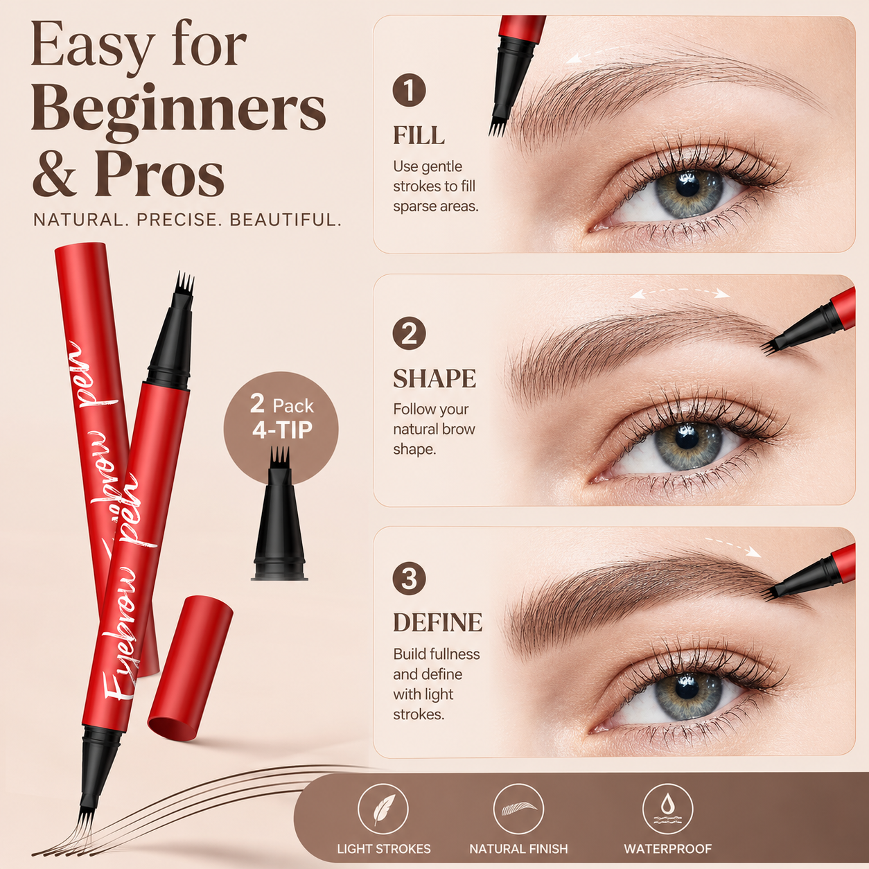 π₯2-Pack Eyebrow Pens β 4-Tip Natural Hair-Like Strokes, All-Day Wear