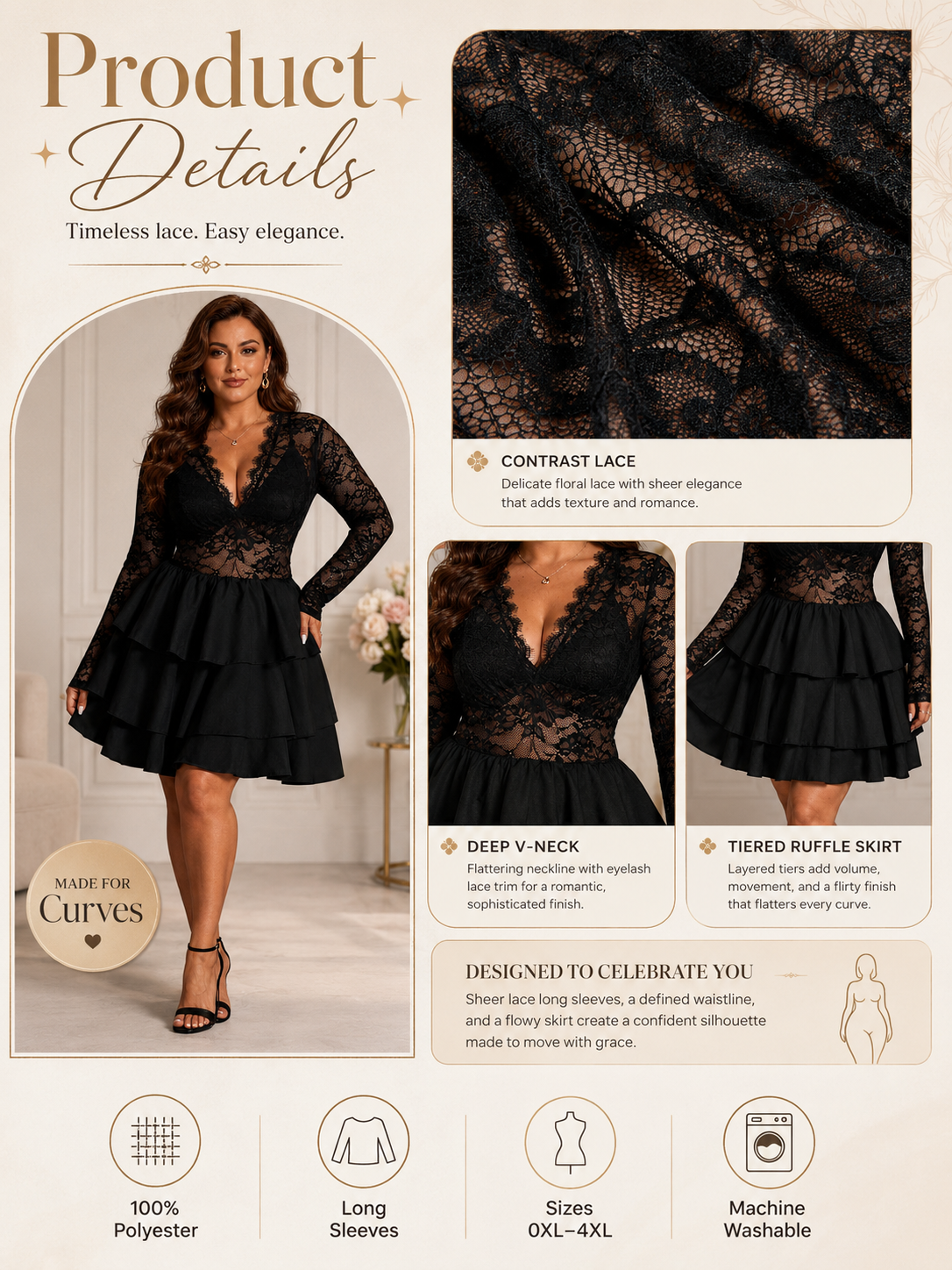 🔥Glam Style Deal 💃Plus Size Lace Panel Deep V-Neck Dress with Sheer Layered Hem for Parties & Nights Out