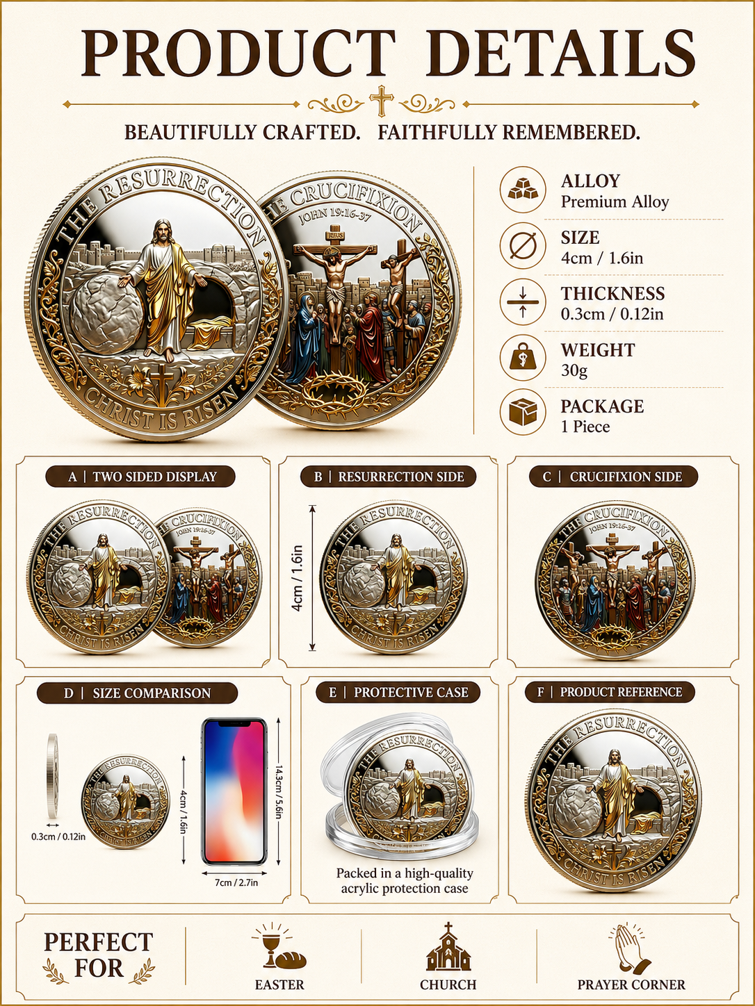 ✝️ Easter Memorial Coin 🙏🌸 Cross Design Religious Alloy Keepsake Collectible Decorative Gift for Home Church & Family