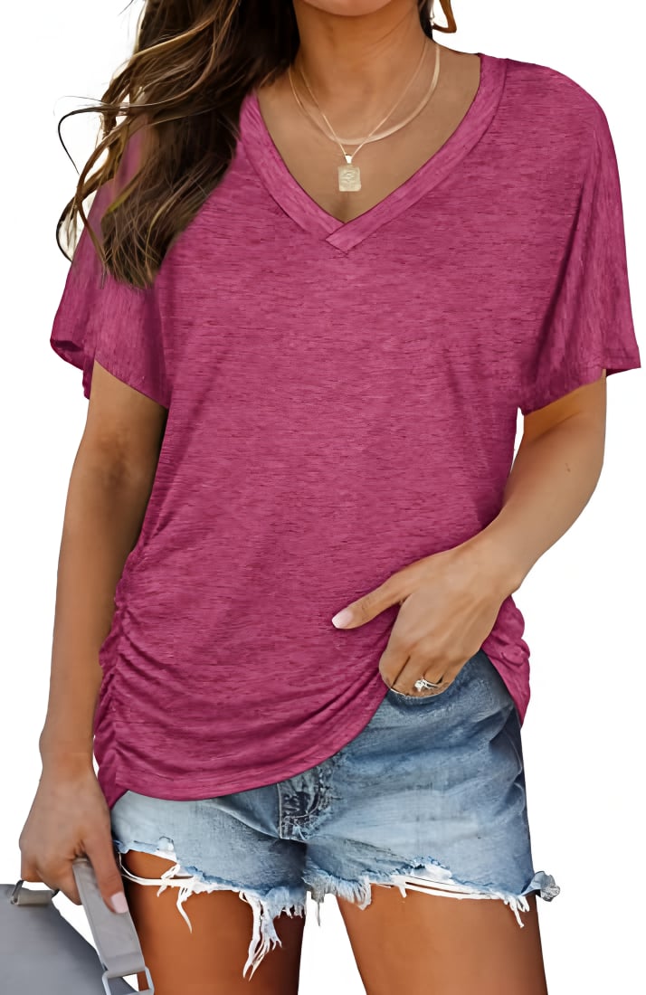 Womens Short Sleeve V Neck Dolman Tops with Side Shirring Loose Fit Shirts