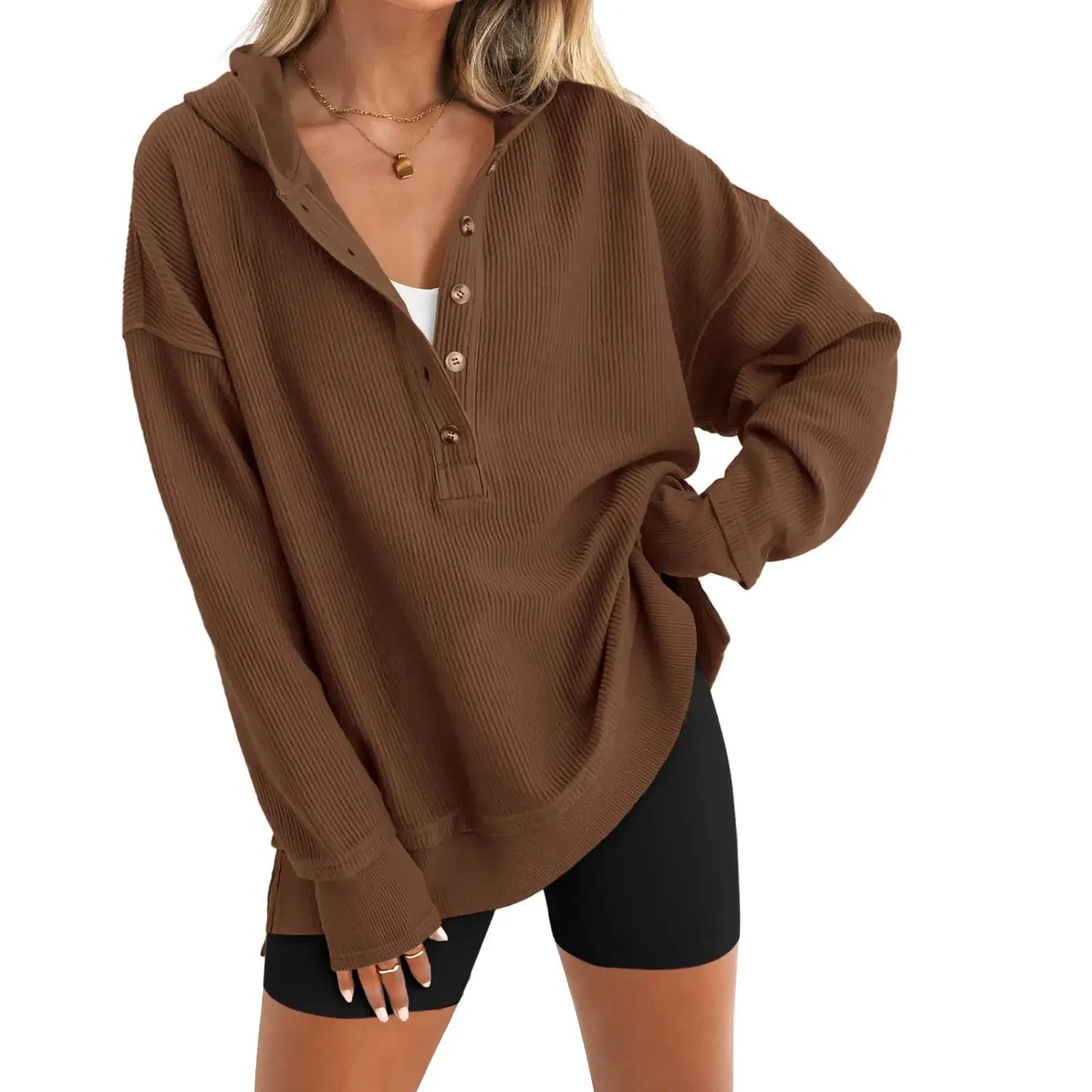 Women’s Relaxed V-Neck Button Hoodie – Soft Stretchy Fall Pullover