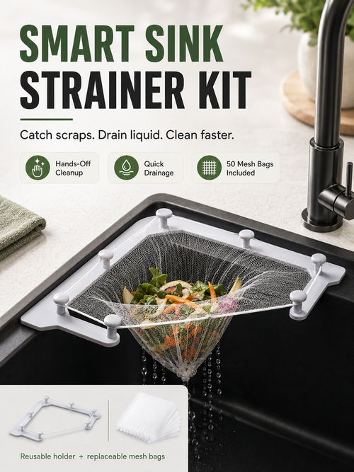 🗑️ Smart Sink Strainer Holder Kit With 50 Mesh Bags – Keep Food Scraps Away From Your Drain