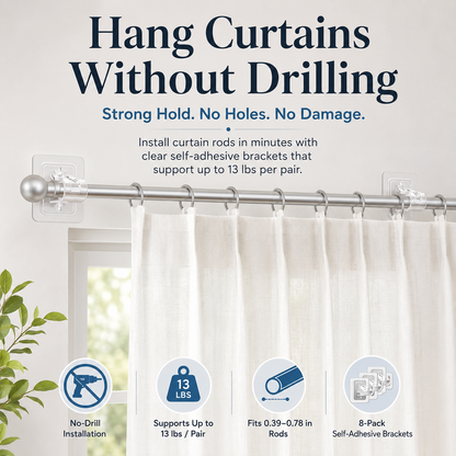 8PCS No-Drill Self-Adhesive Curtain Rod Brackets – Heavy Duty Wall Hooks for Curtain Rods, Damage-Free Installation