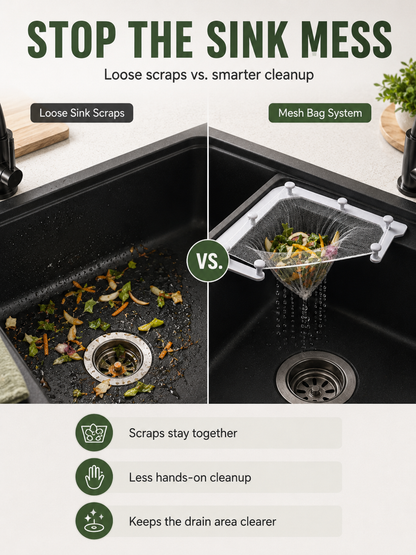 🗑️ Smart Sink Strainer Holder Kit With 50 Mesh Bags – Keep Food Scraps Away From Your Drain