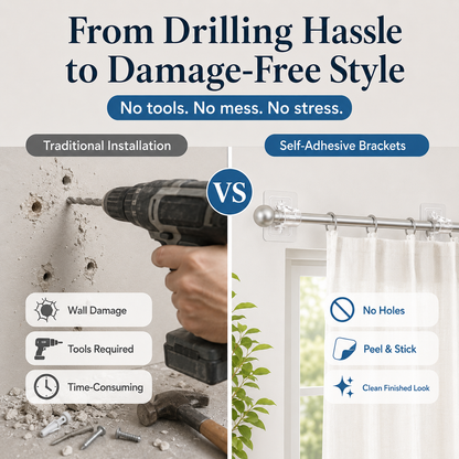 8PCS No-Drill Self-Adhesive Curtain Rod Brackets – Heavy Duty Wall Hooks for Curtain Rods, Damage-Free Installation