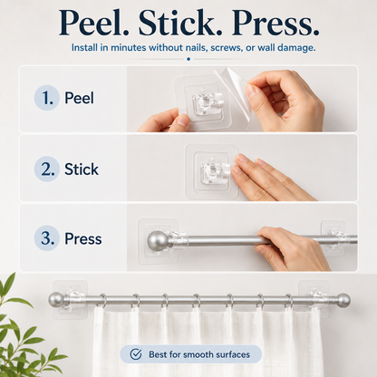 8PCS No-Drill Self-Adhesive Curtain Rod Brackets – Heavy Duty Wall Hooks for Curtain Rods, Damage-Free Installation