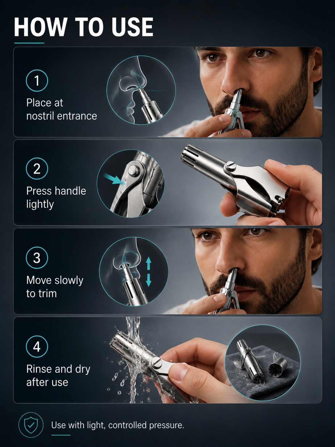 Manual Nose Hair Trimmer – Stainless Steel 360° Trimmer, Waterproof & No Battery Required