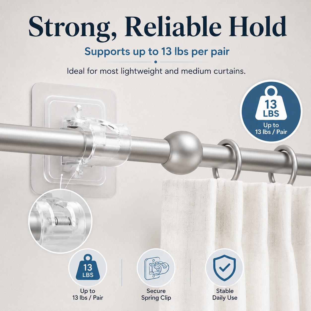 8PCS No-Drill Self-Adhesive Curtain Rod Brackets – Heavy Duty Wall Hooks for Curtain Rods, Damage-Free Installation
