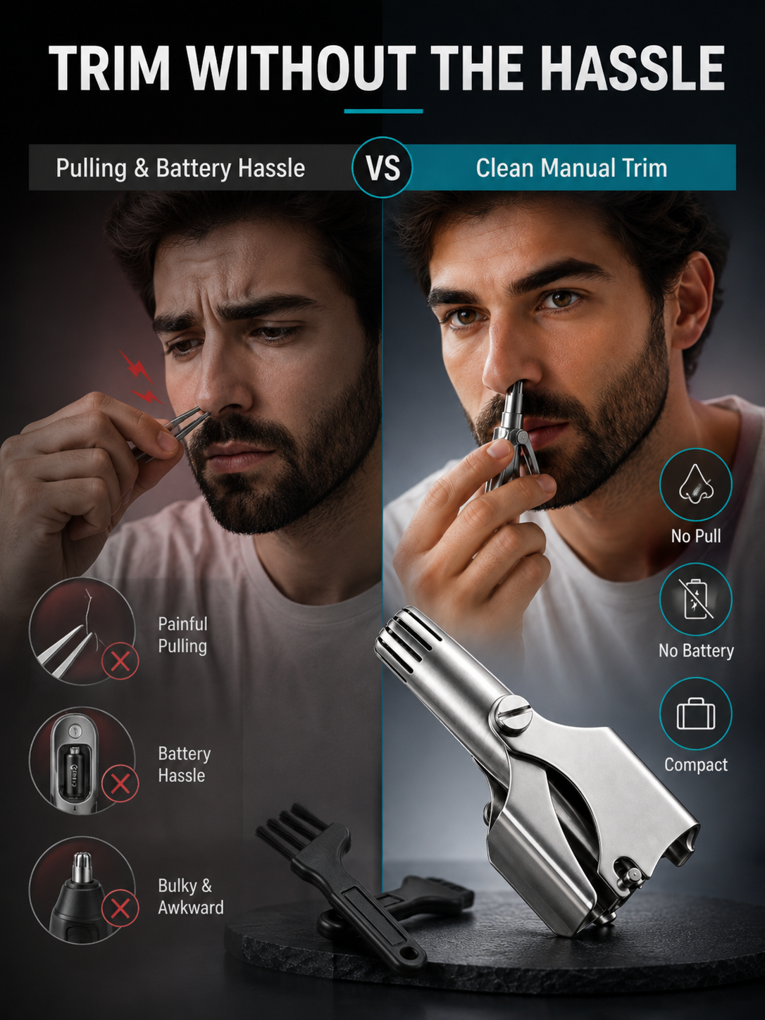 Manual Nose Hair Trimmer – Stainless Steel 360° Trimmer, Waterproof & No Battery Required