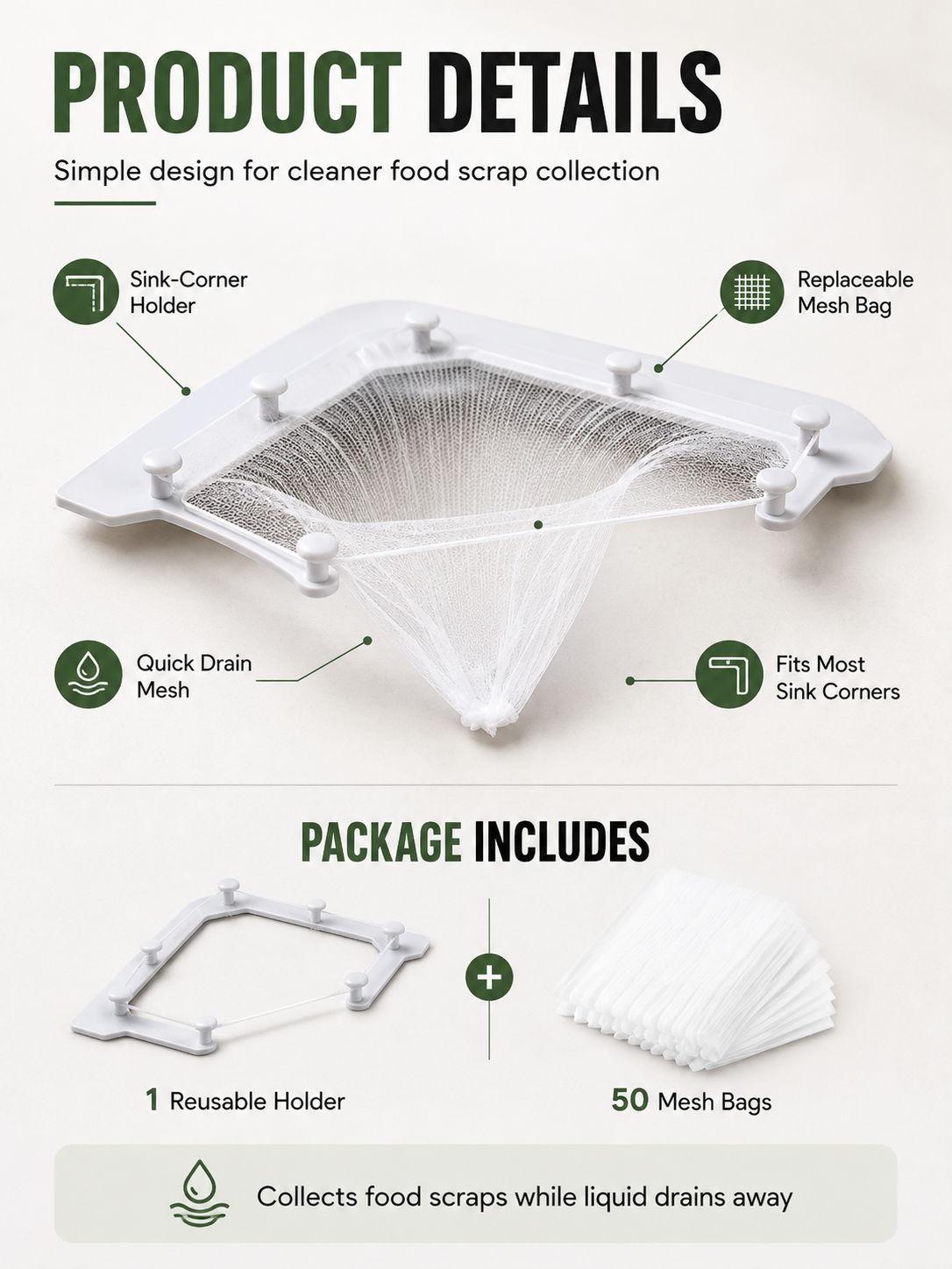 🗑️ Smart Sink Strainer Holder Kit With 50 Mesh Bags – Keep Food Scraps Away From Your Drain