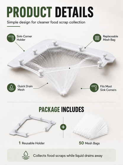 🗑️ Smart Sink Strainer Holder Kit With 50 Mesh Bags – Keep Food Scraps Away From Your Drain