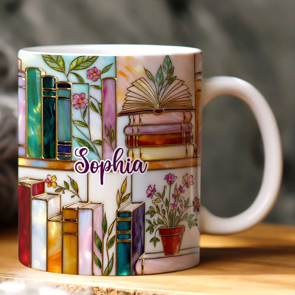 📚 Stained-Glass Floral Bookshelf Mug ✨ Book Lover Gift