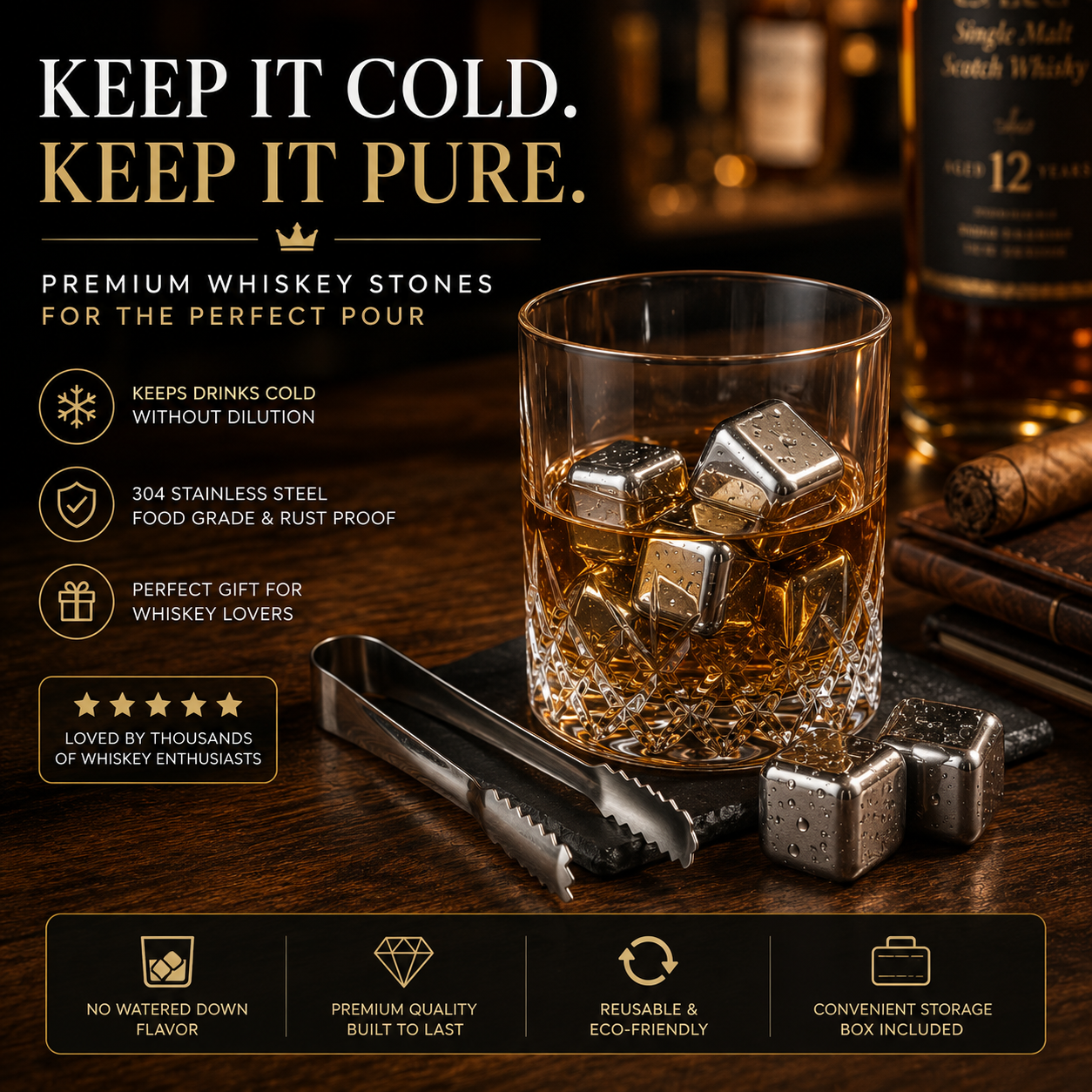 Stainless Steel Whiskey Stones – Chill Drinks Without Dilution 🥃