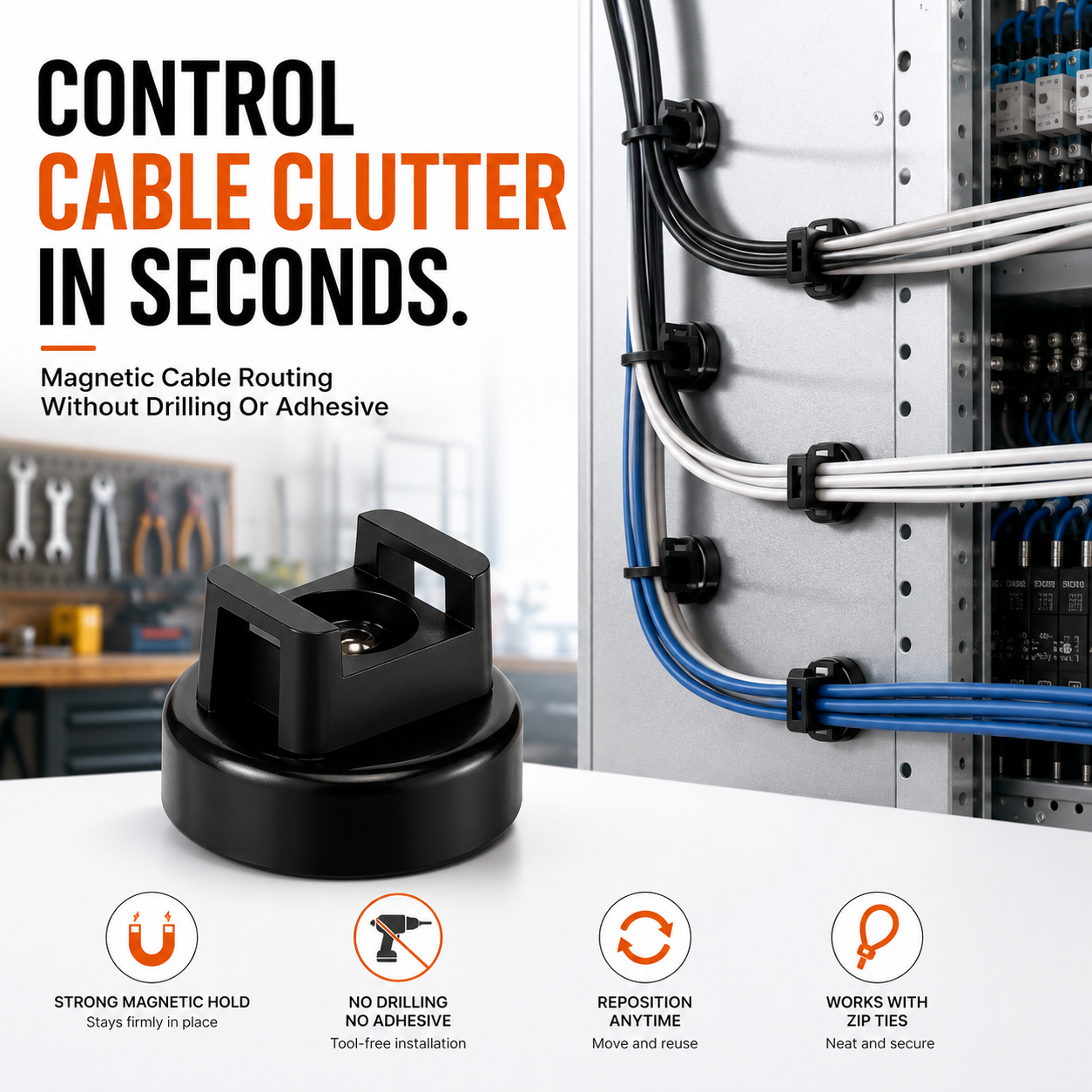 🔧12PCS Magnetic Zip Tie Mounts – Tool-Free Cable Organizers for Metal Surfaces