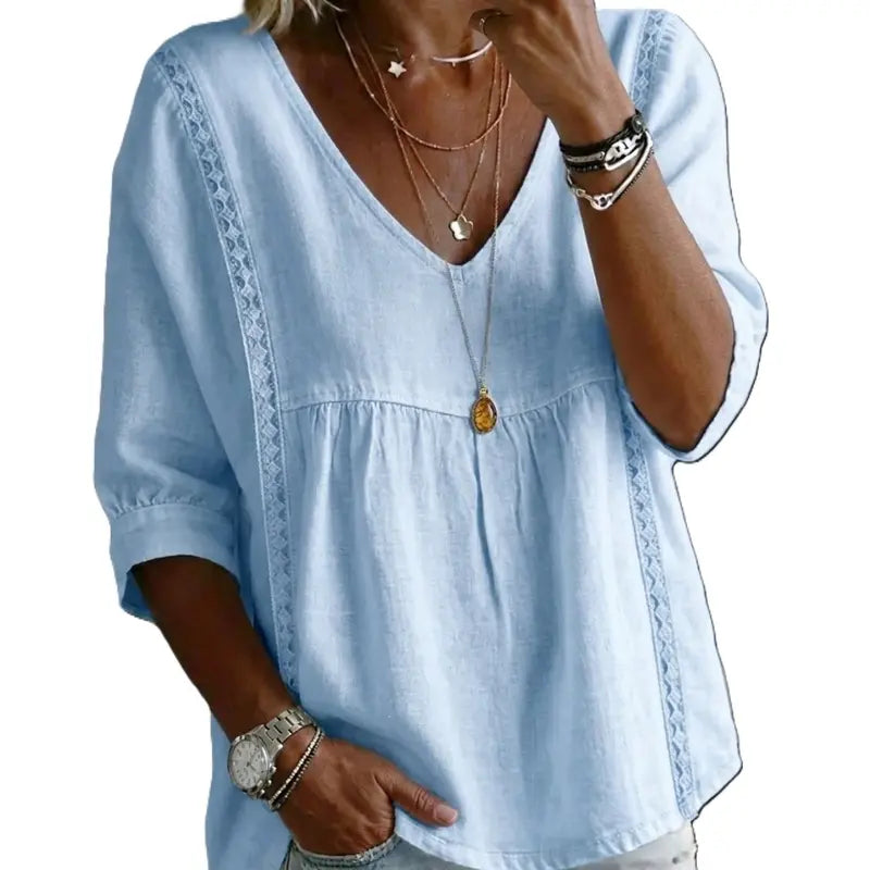 🌸 Bohemian Lace V-Neck Blouse – Puff Sleeves & Side Cut-Outs ✨