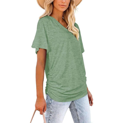 Womens Short Sleeve V Neck Dolman Tops with Side Shirring Loose Fit Shirts