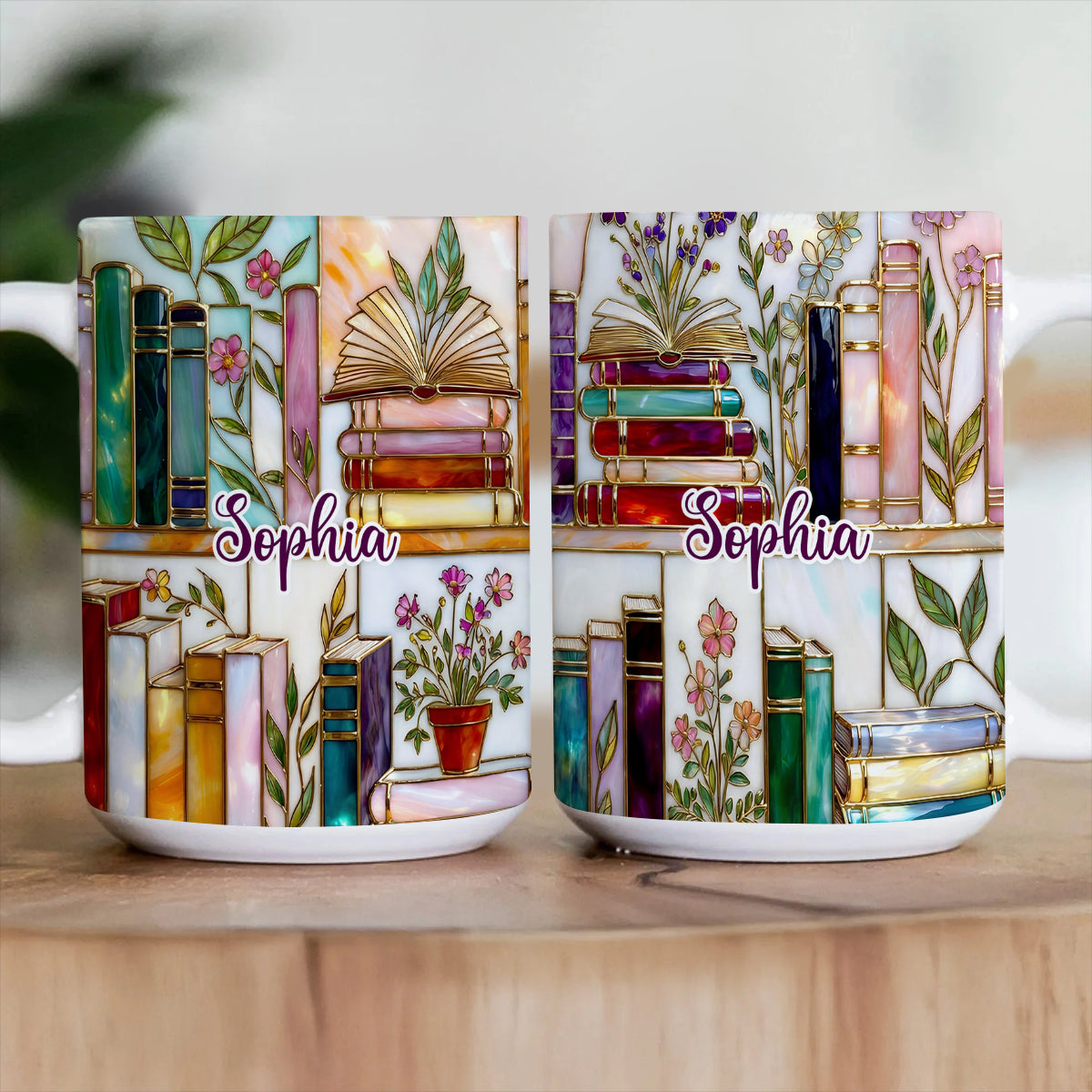 📚 Stained-Glass Floral Bookshelf Mug ✨ Book Lover Gift