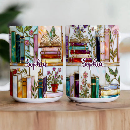 📚 Stained-Glass Floral Bookshelf Mug ✨ Book Lover Gift