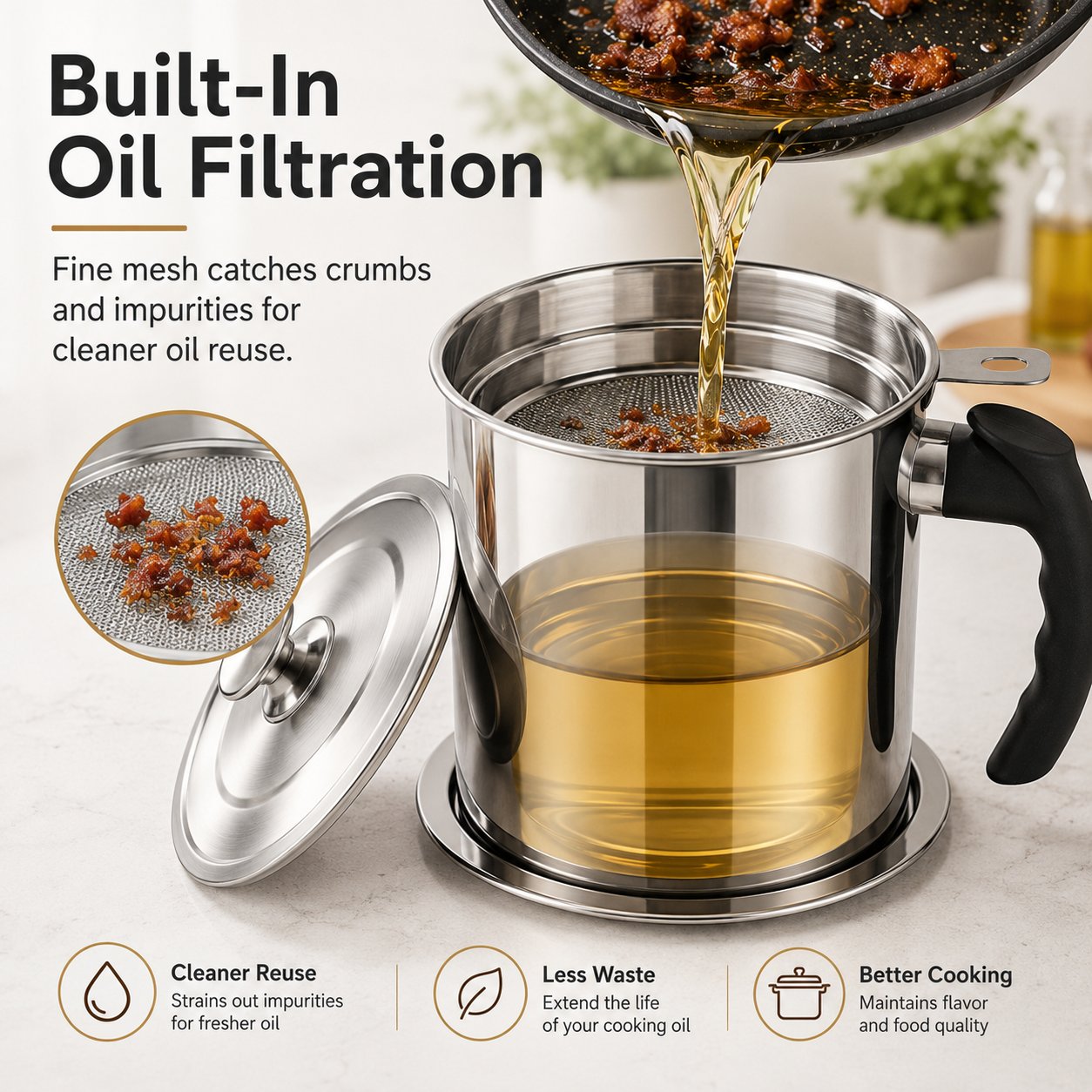 Kitchen Oil Dispenser with Tray & Lid,Stainless Steel Oil Pot with Filter