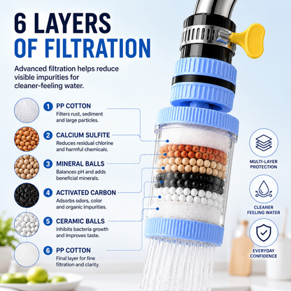 💧 360° Rotating Faucet Water Filter – 6-Layer Kitchen Tap Attachment