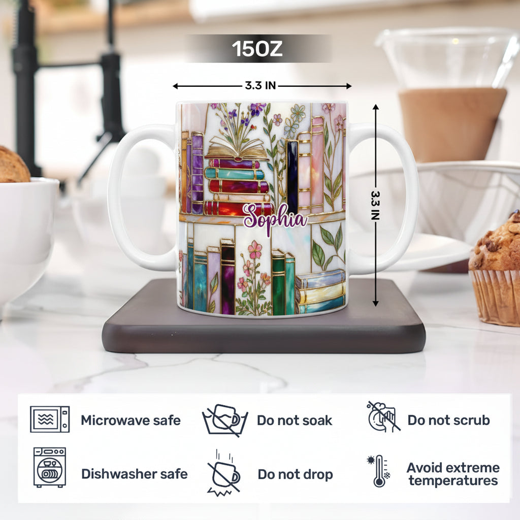 📚 Stained-Glass Floral Bookshelf Mug ✨ Book Lover Gift