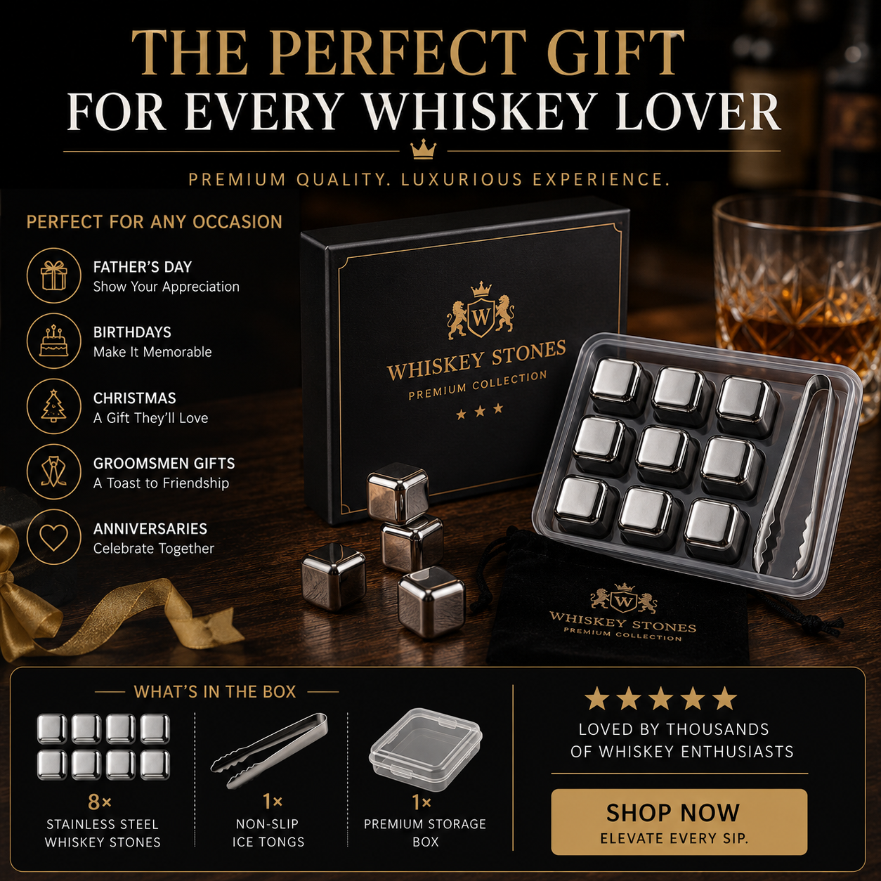 Stainless Steel Whiskey Stones – Chill Drinks Without Dilution 🥃