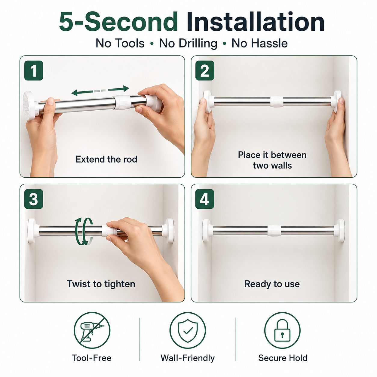 Adjustable Drill-Free Telescopic Tension Rod