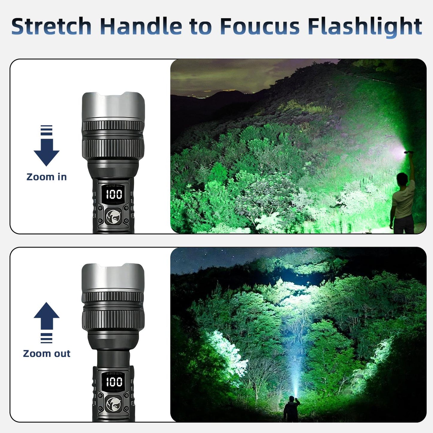 🔦 Rechargeable Zoomable Flashlight – 2-in-1 Power Bank with Digital Display, Waterproof