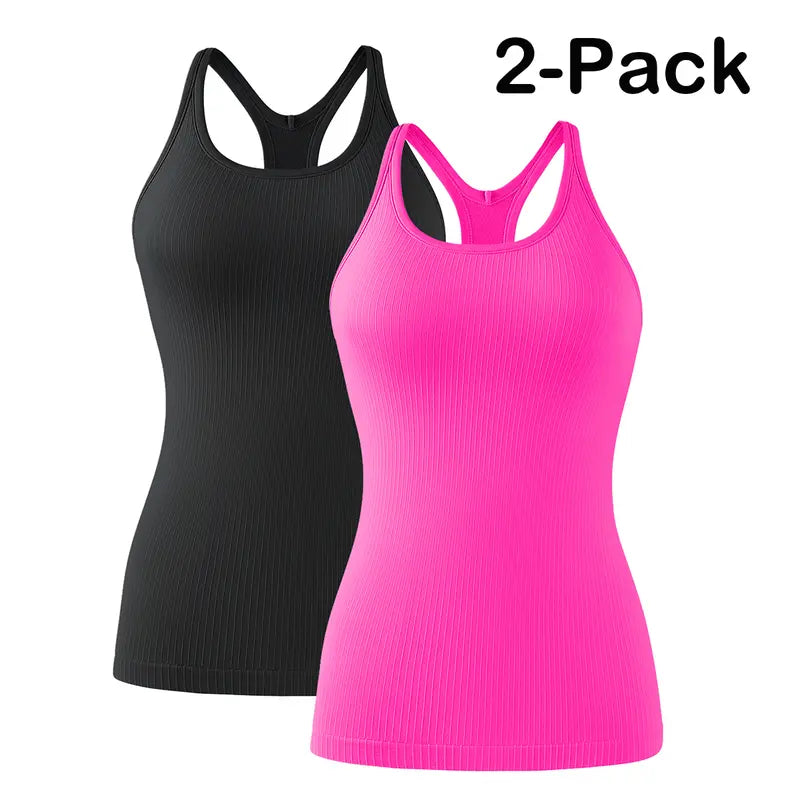 🏋️‍♀️ Women's Ribbed Workout Tank Top with Built-in Bra | Tight Racerback Scoop Neck Athletic Shirt