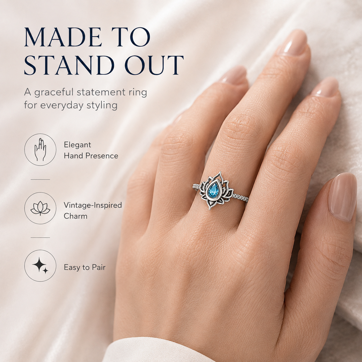 Vintage Lotus Blue Accent Ring