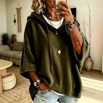 👗 Women's Minimalist Velour Hoodie – Loose Fit, 3/4 Sleeves, Soft Velvet Pullover for Fall & Winter