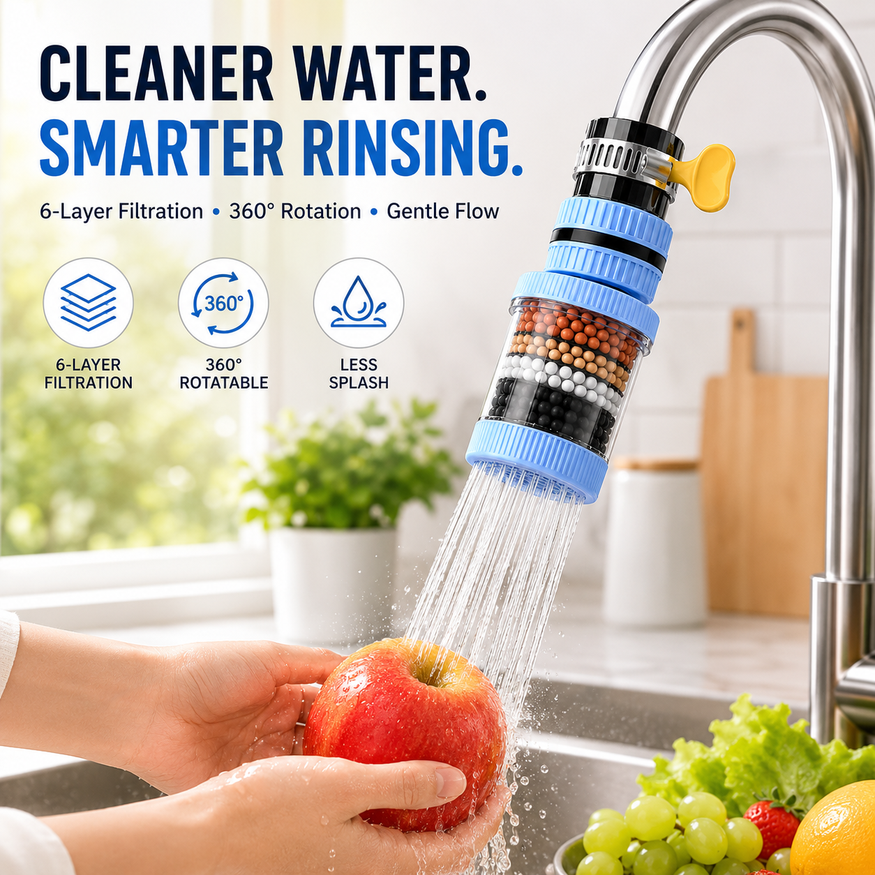 💧 360° Rotating Faucet Water Filter – 6-Layer Kitchen Tap Attachment