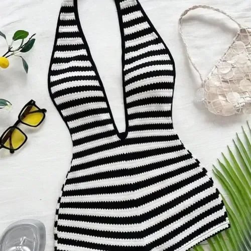 🔥Hot Sale 49% off🔥Women's Comfortable Versatile Deep V Neck Halter Striped Romper