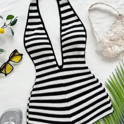🔥Hot Sale 49% off🔥Women's Comfortable Versatile Deep V Neck Halter Striped Romper