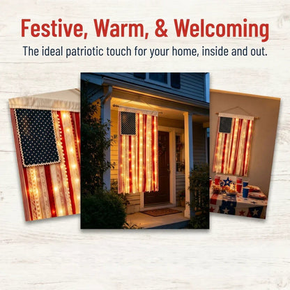 Handcrafted Lighted Rag American Flag Banner | 8 LED Modes | July 4th Patriotic Décor
