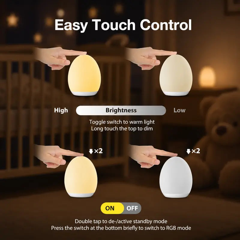🥚 Rechargeable Tap Night Light – 7 RGB Colors + Stepless Dimming, Baby Room Essential