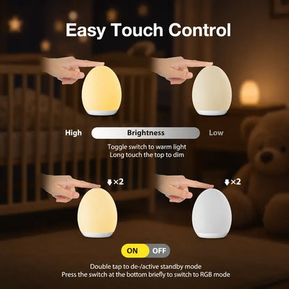 🥚 Rechargeable Tap Night Light – 7 RGB Colors + Stepless Dimming, Baby Room Essential