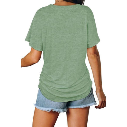 Womens Short Sleeve V Neck Dolman Tops with Side Shirring Loose Fit Shirts