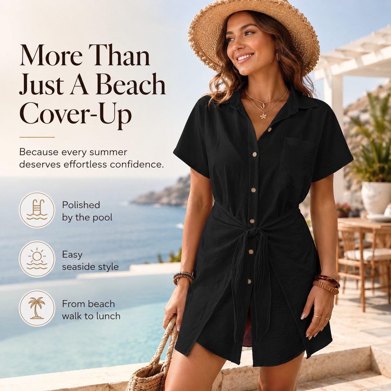 🌊 Women's Button-Down Swimsuit Cover-Up – Short Sleeve Tie-Front Beach Dress for Summer ☀️
