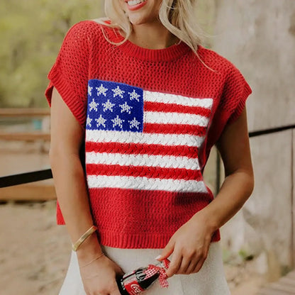 Women's American Flag Graphic Relaxed Fit Short Sleeve Knit Sweater Top
